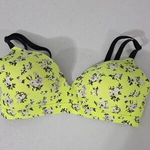 PINK Floral Yellow Bra with Black Straps. Brand New